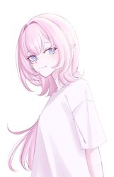 Rule 34 | 1girl, blue eyes, closed mouth, commentary, elysia (honkai impact), eoou (bissayu), from side, highres, honkai (series), honkai impact 3rd, long hair, looking at viewer, looking to the side, pink hair, pointy ears, shirt, short sleeves, simple background, smile, solo, very long hair, white background, white shirt