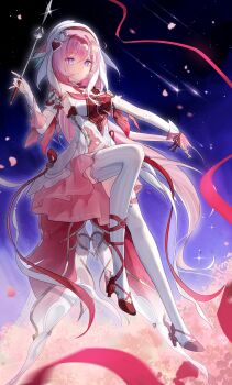 1girl absurdres beret breasts chinese_commentary commentary_request diamond-shaped_pupils diamond_(shape) dress elf elysia_(hi_love_elf)_(honkai_impact) elysia_(honkai_impact) field flower flower_field gloves hat highres holding holding_wand honkai_(series) honkai_impact_3rd large_breasts long_hair multicolored_dress multicolored_hair night night_sky pink_dress pink_gloves pink_hair pointy_ears purple_eyes red_dress shooting_star single_glove sky smile solo star_(sky) starry_sky symbol-shaped_pupils thighhighs two-tone_hair very_long_hair wand white_dress white_hair white_thighhighs yonghengzhili
