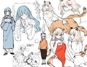 2girls animal_ears apron ass bang_dream! bang_dream!_it&#039;s_mygo!!!!! blonde_hair blue_hair breasts chinese_clothes dogeza full_body highres long_hair medium_breasts medium_hair milfcookiesimp misumi_uika monsterification multiple_girls multiple_views naked_apron nipples purple_eyes simple_background taur tiger_ears tiger_girl togawa_sakiko white_background yellow_eyes