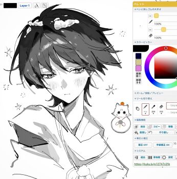 1boy art_program_in_frame bad_id bad_twitter_id blunt_ends blush closed_mouth clothing_cutout commentary eyelashes genshin_impact greyscale hair_intakes half-closed_eyes highres japanese_clothes kariginu layered_sleeves looking_at_viewer male_focus monochrome pom_pom_(clothes) portrait scaramouche_(cat)_(genshin_impact) scaramouche_(genshin_impact) scaramouche_(kabukimono)_(genshin_impact) shoulder_cutout snow_cat solo star_(symbol) string symbol-only_commentary tsurime white_background wispy_bangs yayu_yyo430