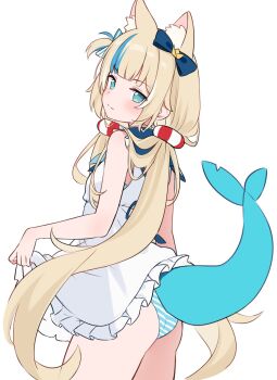 1girl animal_ears aqua_eyes blonde_hair blue_eyes blue_streaks bow cat_ears closed_mouth clothes_lift cropped_legs dress dress_lift fins fish_girl fish_tail hair_bow highres hitsukuya indie_virtual_youtuber lifebuoy_hair_ornament lifting_own_clothes long_hair looking_at_viewer looking_back multicolored_hair panties sameko_saba sameko_saba_(1st_costume) smile solo standing streaked_hair tail twintails underwear virtual_youtuber white_dress