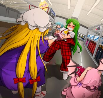 4girls bat_wings blonde_hair blue_eyes blue_hair charisma_guard cloudykeyz dress frills gloves green_hair hair_ribbon hat heterochromia highres kazami_yuuka kazami_yuuka_(pc-98) long_hair medium_hair mob_cap multiple_girls pants pink_dress purple_dress purple_hair red_eyes red_pants red_vest remilia_scarlet ribbon shirt shop short_hair tatara_kogasa touhou umbrella very_long_hair vest white_gloves white_shirt wings yakumo_yukari
