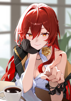 1girl absurdres black_gloves black_jacket blurry blurry_background breasts chinese_commentary cleavage closed_mouth coffee commentary_request dress fingernails gloves hair_between_eyes highres himeko_(honkai:_star_rail) honkai:_star_rail honkai_(series) index_finger_raised indoors jacket large_breasts liuleiwowotou long_fingernails long_hair looking_at_viewer mole mole_on_breast orange_eyes red_hair red_nails single_bare_shoulder single_glove smile solo white_dress