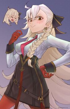 ahoge black_corset blush bow braid breasts closed_eyes corset crying fate/grand_order fate_(series) gloves hair_between_eyes hair_bow highres large_breasts long_hair necktie nemophila_(artist) olga_marie_animusphere olga_marie_animusphere_(unbeast) orange_hair red_gloves red_thighhighs smile smug streaming_tears tears thighhighs very_long_hair white_hair wrist_cuffs