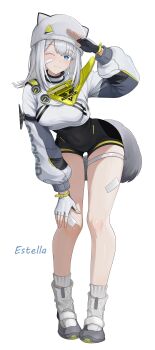 1girl absurdres animal_hat arknights arknights:_endfield bandaid bandaid_on_cheek bandaid_on_face bandaid_on_knee bandaid_on_leg bandaid_on_thigh black_bodysuit bodysuit breasts cat_hat commentary_request endfield_industries_logo estella_(arknights) fingerless_gloves full_body gauze gauze_on_leg gloves grey_gloves grey_hair hand_on_own_knee hat hat_with_ears highres large_breasts leaning long_hair one_eye_closed salute shrug_(clothing) smile solo tail teef white_shrug