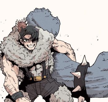 1boy abs belt beowulf_(skullgirls) black_hair bracelet bright_pupils cowboy_shot disembodied_hand facial_hair facing_viewer fur_trim grendel_(skullgirls) grin han_gong jewelry looking_at_viewer muscular muscular_male pelt short_hair skullgirls smile solo spiked_bracelet spikes stubble suspenders white_pupils yellow_background