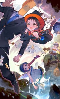 1boy 4girls bare_shoulders bat_(animal) black_dress black_footwear black_hair black_headwear black_pantyhose black_sleeves black_socks black_suit blonde_hair blue_eyes blue_fire blue_hair blue_necktie blue_trim blurry blush boots bracelet breasts brown_eyes brown_footwear brown_gloves brown_shorts candy cookie depth_of_field detached_sleeves dot_nose dress fairy_wings fake_wings fence fire flying food formal_clothes frilled_dress frills ghost gloves gold_bracelet grave hair_ornament hairclip halloween hat holding_another's_arm idolmaster idolmaster_cinderella_girls idolmaster_cinderella_girls_starlight_stage jack-o'-lantern long_hair long_sleeves looking_at_viewer matsuo_chizuru mochizuki_hijiri multiple_girls necktie okazaki_yasuha open_mouth orange_sailor_collar p-head_producer pantyhose potion producer_(idolmaster) rabbit_hair_ornament sailor_collar sasaki_chie shirt shoes short_hair shorts single_tear sleeveless sleeveless_dress small_breasts smile socks strapless strapless_dress suit sweatdrop teiryoku_lolita thick_eyebrows two-tone_shirt v-shaped_eyebrows white_dress white_shirt wings witch_hat