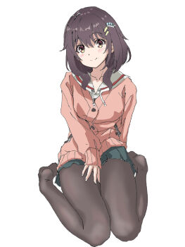 1girl black_hair black_pantyhose blush breasts brown_eyes cardigan collarbone commentary_request hair_ornament hairclip hal-py hibi_wa_sugiredo_meshi_umashi kawai_mako long_hair looking_at_viewer multiple_hair_clips pantyhose pink_cardigan sailor_collar simple_background sitting skirt solo wariza white_background white_sailor_collar