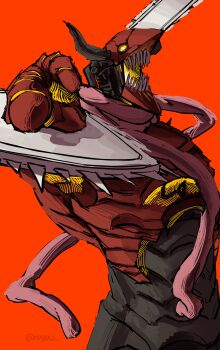 1boy chainsaw_devil chainsaw_man denji_(chainsaw_man) from_below horns jojo_pose nxyxs pointing pointing_at_viewer red_background sharp_teeth teeth