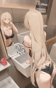 1girl 2gong_(9ujin_) absurdres ass bare_arms bare_shoulders bathroom black_bra black_panties bra breasts bright_pupils brushing_teeth cleavage colored_eyelashes commission highres indoors lace lace-trimmed_bra lace-trimmed_panties lace_trim large_breasts lethe_rin lingerie long_hair looking_at_mirror mirror multi-strapped_panties navel original panties red_eyes reflection second-party_source sink solo spaghetti_strap standing stomach strap_slip underwear underwear_only very_long_hair white_eyelashes white_hair