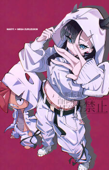 Rule 34 | 1girl, absurdres, asymmetrical bangs, belt, black belt, black hair, blue eyes, breasts, colored skin, commentary request, cosplay, cropped hoodie, gen 5 pokemon, hair through hood, hands in pockets, highres, hood, hood up, hoodie, long sleeves, marie (pixiv59672544), marnie (pokemon), mega pokemon, mega scrafty, mega scrafty (cosplay), midriff, mohawk, navel, nintendo, orange skin, pants, pokemon, pokemon (creature), pokemon swsh, red hair, sagging pants, scrafty, shoes, teeth, torn clothes, torn pants, white hood, white hoodie, white pants, white shoes