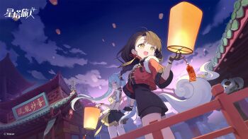 2girls :d architecture black_dress black_gloves black_shorts black_skirt blue_hair blue_sky braid breasts brown_hair chinese_clothes chinese_commentary chinese_new_year closed_mouth cloud commentary_request copyright_name copyright_notice crop_top cropped_jacket dress dutch_angle earrings east_asian_architecture glasses gloves gradient_sky highres jacket jewelry jinglin_(stella_sora) lantern long_hair low-braided_long_hair low-tied_long_hair medium_breasts midriff miniskirt multiple_girls official_art open_mouth outdoors pantyhose paper_lantern puffy_short_sleeves puffy_sleeves purple_eyes purple_sky red_jacket semi-rimless_eyewear shimiao_(stella_sora) short-sleeved_jacket short_dress short_shorts short_sleeves shorts shorts_under_dress skirt sky smile standing stella_sora sunrise tail tangzhuang turning_head twintails twintails_with_braided_base under-rim_eyewear very_long_hair white_pantyhose yellow_eyes