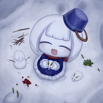 Rule 34 | 1girl, :d, ^ ^, agpgwm, blue dress, blue hat, blush, bob cut, borrowed character, center-flap bangs, chibi, chibi only, closed eyes, colored skin, commentary request, dress, facing viewer, food, footprints, fruit, full body, fur-trimmed dress, fur-trimmed sleeves, fur trim, hat, hat tip, highres, holding, holding snow rabbit, koyuki (pepoyo), long sleeves, no eyebrows, no nose, open mouth, original, outdoors, red scarf, scarf, short hair, smile, snow, snow rabbit, snowman, solo, stick, tongue, white hair, white skin
