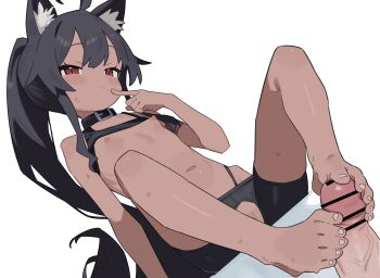 1boy 1girl animal_ear_fluff animal_ears bar_censor barefoot bike_shorts black_hair black_shorts borrowed_character cat_ears cat_girl censored commission dark-skinned_female dark_skin disembodied_penis feet flat_chest footjob hetero highres loli long_hair matcha_(mattyan) navel nipples original penis pixiv_commission ponytail red_eyes shorts solo_focus toes two-footed_footjob underwear very_long_hair