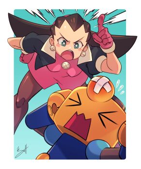 &gt;_&lt; 1girl :o bandaged_head bandages border brooch brown_hair cheesecakes_by_lynx dress earrings gloves green_eyes hand_on_own_hip head_bump index_finger_raised jewelry looking_at_another mega_man_(series) mega_man_legends_(series) open_mouth pantyhose pink_dress pink_gloves robot servbot_(mega_man) short_sleeves skull_brooch skull_earrings teeth tron_bonne_(mega_man) upper_teeth_only white_border