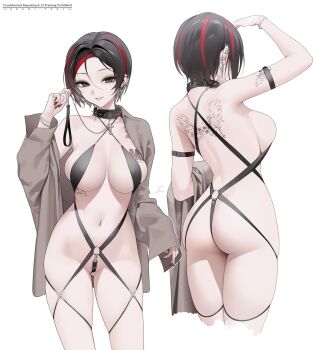 1girl ass bdsm black_hair breasts collar crow_(nikke) ear_piercing earrings harness highres holding holding_leash jacket jewelry large_breasts leash looking_at_viewer multicolored_hair multiple_views navel_piercing nikki_(series) ohisashiburi open_clothes open_jacket piercing red_hair short_hair simple_background slave smile solo white_background