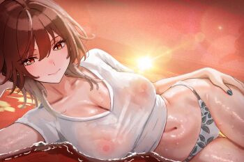 1girl aketa_mikoto bikini bikini_bottom_only blush breasts brown_hair c_(theta) cleavage collarbone commentary_request commission fingernails highres idolmaster idolmaster_shiny_colors large_breasts lying nail_polish navel no_bra on_side outdoors shallow_water shirt smile solo stomach sunset swimsuit t-shirt water wet wet_clothes wet_shirt white_bikini white_shirt