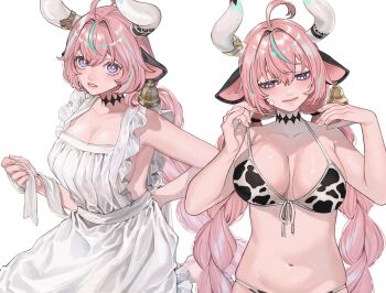 1girl ahoge alternate_costume animal_ears animal_print apron aqua_hair arm_behind_back armpit_crease bare_shoulders bell bikini bikini_tug black_choker braid breasts bright_pupils choker closed_mouth collarbone cow_ears cow_horns cow_print cow_print_bikini cow_tail cowbell diamond_choker ear_bell eyelashes fqczmknaum71262 frilled_apron frills gauze gauze_on_cheek genshin_impact hair_between_eyes half-closed_eyes hands_up highres horn_ornament horn_ring horns large_breasts looking_at_viewer looking_down low_twin_braids midriff multicolored_hair multiple_views naked_apron navel parted_lips pink_hair pink_lips pink_nails print_bikini purple_eyes sideboob skindentation solo streaked_hair swimsuit tail triangle_print twin_braids varesa_(genshin_impact) white_apron white_background white_horns white_mouth white_pupils