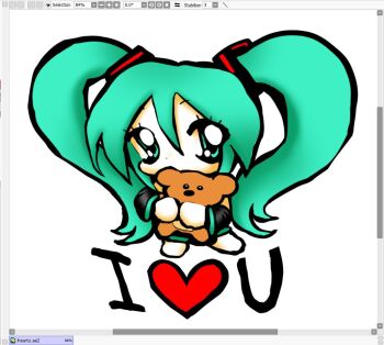 1girl aqua_eyes aqua_hair art_program_in_frame chibi chibi_only colored_skin hatsune_miku heart holding holding_stuffed_toy lobotoloid painttool_sai painttool_sai_(medium) solo stuffed_animal stuffed_toy teddy_bear twintails vocaloid white_background white_skin