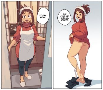 1girl :d aged_up apron ass boku_no_hero_academia breasts brown_hair doorway english_text highres leggings leggings_pull long_sleeves mature_female medium_breasts multiple_views open_mouth panties panty_pull pov pov_doorway red_sweater smile speech_bubble suoiresnu sweater underwear uraraka_ochako white_apron white_panties