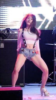 1girl animated animated_gif asian bare_legs bare_shoulders breasts brown_hair crop_top cutoffs dancing denim denim_shorts female_focus high_heels jewelry k-pop korean_text legs long_hair long_sleeves midriff navel necklace photo_(medium) shirt shoes short_shorts shorts solo standing suspenders white_shirt white_shoes