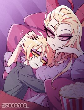 1boy 1girl :t bags_under_eyes between_breasts black_eyes black_nails blonde_hair breasts circle_facial_mark closed_mouth colored_sclera commentary_request demon_girl demon_horns eating eyelashes eyeshadow fewer_digits fingernails food grey_shirt hair_between_eyes hand_on_another&#039;s_head hands_up hazbin_hotel head_between_breasts head_on_pillow hellaverse highres horns hug husband_and_wife lilith_(hazbin_hotel) long_fingernails long_hair long_sleeves looking_ahead lower_eyelashes_only lucifer_morningstar_(hazbin_hotel) lying makeup menattou nail_polish no_nose on_back pale_skin pillow pink_eyes pink_sclera popcorn purple_background purple_eyeshadow purple_shirt raised_inner_eyebrows red_horns shirt short_hair simple_background slit_pupils small_breasts three-quarter_sleeves too_many_watermarks tsurime twitter_username under_covers upper_body very_long_hair watermark yellow_sclera