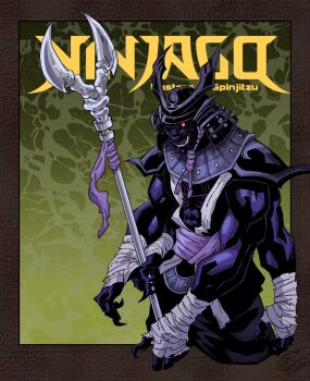 Rule 34 | abs, armor, bandaged arm, bandages, black skin, bone weapon, clawed hands, colored skin, commentary, copyright name, cover, cowboy shot, helmet, highres, holding, holding polearm, holding weapon, japanese armor, jujutsu kaisen, kabuto (helmet), lord garmadon, lower teeth only, ninjago, open mouth, polearm, red eyes, ryoumen sukuna (jujutsu kaisen), ryoumen sukuna (true form) (jujutsu kaisen), sash, shoulder pads, teeth, weapon, yotakuboi