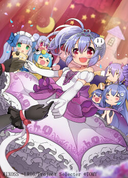 1girl 1other blue_hair blush copyright_notice crown dress elbow_gloves frilled_dress frills gloves highres kei_s01 official_art one_side_up open_mouth purple_hair red_eyes sayuragi_(wixoss) smile solo white_gloves wixoss