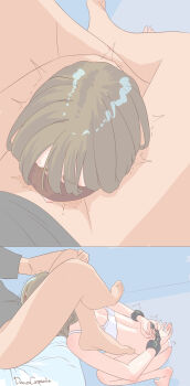 1boy 1girl absurdres arms_behind_back ato_17_nen_tinder_dekinai_hato barefoot bdsm black_hair black_shirt blindfold bondage bondage_cuffs bound commentary_request cuffs deepthroat fellatio from_above from_side handcuffs head_out_of_frame hetero highres irrumatio multiple_views on_bed oral original panties restrained rough_sex saliva scissorhold shirt signature squatting struggling tiptoes underwear white_panties