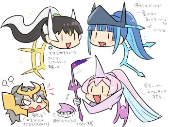 arceus black_hair blue_hair blue_halo blush_stickers cartier_(kasugai_(de-tteiu)) commentary dialga dialga_(origin) earrings eve_(kasugai_(de-tteiu)) fake_horns fang floating_hair gen_4_pokemon giratina giratina_(origin) gold_halo grey_hair halo head_only high_ponytail holding holding_polearm holding_weapon horned_headwear horns jewelry kasugai_(de-tteiu) legendary_pokemon maiden_(kasugai_(de-tteiu)) maria_(kasugai_(de-tteiu)) multicolored_hair mythical_pokemon nintendo palkia palkia_(origin) personification pink_hair pink_halo pokemon polearm ponytail translated two-tone_hair weapon white_hair |_|