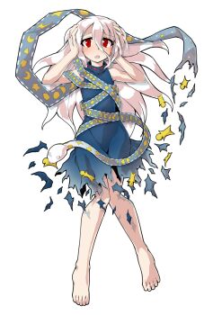 1girl alphes_(style) barefoot blue_dress blush commentary_request crescent dairi dress eye_of_providence fossilized_wonders full_body grey_hair hair_between_eyes hands_up large_variant_set long_hair long_hair_between_eyes parody play_button ribbon_around_body sleeveless sleeveless_dress snake solo star_(symbol) style_parody tachi-e torn_clothes torn_dress touhou triangle variant_set yuiman_asama