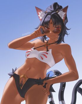 1girl absurdres adjusting_eyewear alternate_costume animal_ear_fluff animal_ears aragiken bikini black_hair breasts cable cable_tail cat_ears cat_girl cat_tail closed_mouth collarbone commentary cowboy_shot dark-skinned_female dark_skin english_commentary female_pubic_hair gluteal_fold hand_on_own_hip highres looking_at_viewer looking_over_eyewear mechanical_tail multiple_tails navel nekomiya_mana pubic_hair red_eyes revision small_breasts smile solo sunglasses swimsuit tail tinted_eyewear two_tails v-shaped_eyebrows zenless_zone_zero