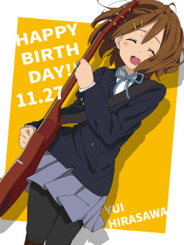 1girl blazer brown_hair character_name closed_eyes commentary_request dated english_text guitar hair_ornament happy_birthday highres hirasawa_yui holding holding_guitar holding_instrument instrument jacket k-on! long_sleeves neck_ribbon open_mouth pantyhose pleated_skirt ribbon sakuragaoka_high_school_uniform school_uniform short_hair skirt smile solo tanpaku_(oqu_2) teeth upper_teeth_only
