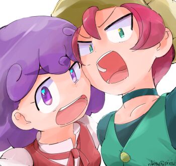 2girls angry aqua_choker aqua_shirt burgundy_(pokemon) cheek-to-cheek choker commentary_request eyelashes georgia_(pokemon) green_eyes green_vest hat heads_together multiple_girls neck_ribbon nintendo open_mouth pink_hair pokemon pokemon_(anime) pokemon_bw_(anime) purple_eyes purple_hair red_ribbon red_vest ribbon robita shirt short_hair simple_background teeth thick_eyebrows v-shaped_eyebrows vest white_background white_shirt yellow_hat