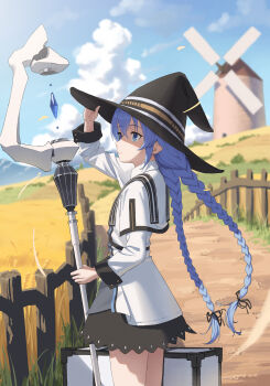 1girl a_domo absurdres black_hat black_ribbon black_skirt blue_eyes blue_hair blurry blurry_background braid capelet closed_mouth fence flat_chest from_side grey_shirt hair_between_eyes hair_ribbon hat highres holding holding_staff jacket long_hair looking_ahead mage_staff mushoku_tensei path ribbon road roxy_migurdia shadow shirt skirt smile solo staff suitcase twin_braids very_long_hair wheat_field white_capelet white_jacket windmill witch_hat wooden_fence