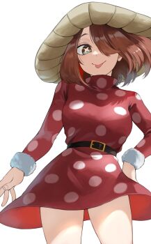 1girl :p absurdres belt boku_no_hero_academia brown_eyes brown_hair dress fengling_(furin-jp) hair_over_one_eye highres komori_kinoko looking_at_viewer medium_hair mushroom mushroom_girl mushroom_hat mushroom_on_head polka_dot polka_dot_dress solo standing symbol-shaped_pupils tongue tongue_out turtleneck turtleneck_dress white_background x-shaped_pupils