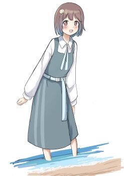 1girl :d alternate_costume blue_hair blush brown_eyes brown_hair colored_inner_hair commentary dress dutch_angle full_body grey_dress hair_ornament hairclip hashtag-only_commentary highres hozuki_momiji konbu2406 leaning_forward long_sleeves multicolored_hair onii-chan_wa_oshimai! open_mouth pinafore_dress sash shirt short_hair simple_background sleeveless sleeveless_dress smile solo two-tone_hair wading water white_background white_shirt