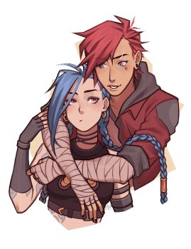 2girls :/ arcane:_league_of_legends arcane_jinx arcane_vi arm_tattoo arms_around_neck bandaged_arm bandages black_gloves black_nails blue_eyes blue_hair braid commentary crop_top elbow_gloves eyebrow_cut fingerless_gloves gloves gluca highres jacket jinx_(league_of_legends) league_of_legends low_twin_braids mismatched_eyebrows multiple_girls parted_lips plug_(piercing) red_eyes red_hair red_jacket scar scar_on_face scar_on_mouth shoulder_tattoo siblings signature sisters smile tattoo twin_braids vi_(league_of_legends)