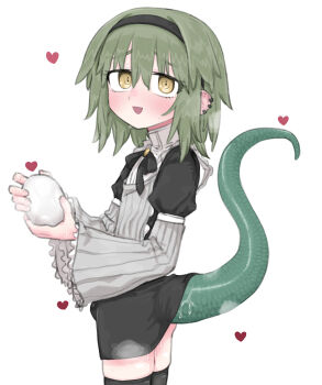 1boy :d bill_(black_souls) black_souls black_souls_2 black_thighhighs bulge character_request clothes_lift ear_piercing egg egg_laying green_hair hair_between_eyes hairband heart highres lifted_by_tail lizard_tail matangom medium_hair open_mouth piercing pussy_juice pussy_juice_stain reptile_boy simple_background skirt skirt_lift smile steam steaming_body tail thighhighs trap white_background yellow_eyes zettai_ryouiki