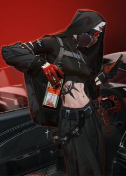 1girl abs absurdres arm_tattoo asymmetrical_gloves black_gloves black_jacket black_pants blood blood_on_clothes bottle breasts car car_interior commentary cross cross_necklace gloves highres holding holding_bottle holding_phone jacket jagermeister jewelry midriff mismatched_gloves motor_vehicle navel necklace nilzynox nun_headdress off_shoulder original pants phone red_background red_gloves solo symbol-only_commentary tattoo
