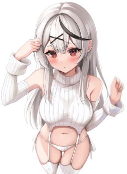 1girl arm_up bare_shoulders black_streaks blush breasts center-flap_bangs commentary_request cowboy_shot detached_sleeves double-parted_bangs earclip earrings garter_straps grey_hair hair_ornament hairclip hand_up highres hololive hoop_earrings jewelry large_breasts long_hair long_sleeves looking_at_viewer midriff multicolored_hair navel panties parted_lips red_eyes ribbed_panties ribbed_sleeves ribbed_sweater ribbed_thighhighs sakamata_chloe shinonome_shino_(artist) side-tie_panties sidelocks simple_background solo standing streaked_hair sweater thighhighs tucking_hair turtleneck turtleneck_sweater underwear virgin_destroyer_sweater virtual_youtuber white_background white_panties white_sleeves white_sweater white_thighhighs x_hair_ornament