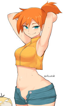 1girl allbeatnik aqua_eyes armpits arms_behind_head arms_up asymmetrical_hair bare_arms blue_eyes blue_shorts blush breasts closed_mouth cowboy_shot crop_top denim denim_shorts female_focus gen_1_pokemon green_eyes groin gym_leader hair_tie highres jeans large_breasts looking_at_viewer medium_breasts midriff misty_(pokemon) navel nintendo open_clothes open_fly open_shorts orange_hair pants pokemon pokemon:_the_electric_tale_of_pikachu ponytail psyduck seductive_smile shirt short_hair short_shorts shorts side_ponytail simple_background sleeveless sleeveless_shirt smile solo suspender_shorts suspenders sweat tank_top thick_thighs thighs twitter_username unzipped white_background yellow_shirt zipper zipper_pull_tab