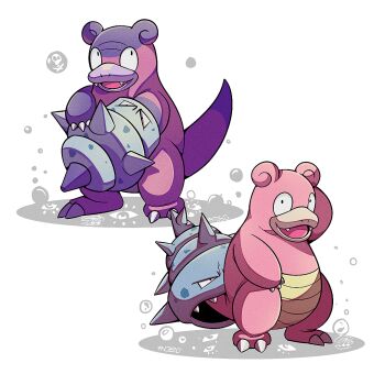 Rule 34 | alt text, bubble, claws, colored skin, commentary, english commentary, fangs, galarian slowbro, gen 1 pokemon, looking at viewer, mistray-art, multicolored skin, nintendo, no humans, numbered, open mouth, pink fur, pink skin, pokemon, pokemon (creature), purple skin, regional and normal, signature, simple background, slowbro, tail, two-tone skin, white background