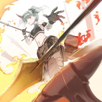 Rule 34 | 1girl, anvil, arknights, bare shoulders, breasts, commentary request, fire, gloves, grey gloves, grey hair, grey jumpsuit, groin, hammer, hellnyaa, highleg, highleg panties, highres, holding, holding hammer, horns, jumpsuit, jumpsuit around waist, medium breasts, navel, panties, parted lips, ponytail, red eyes, solo, underwear, vulcan (arknights)