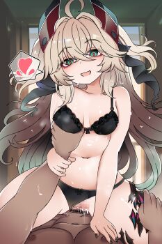 Rule 34 | 1boy, 1girl, :d, absurdres, admiral hipper (azur lane), admiral hipper (meta) (azur lane), assertive female, azur lane, black bra, black nails, black panties, blonde hair, blush, bow, bow panties, bra, breasts, clothed female nude male, clothing aside, commander (azur lane), commentary request, cowgirl position, cum, cum in pussy, deep penetration, front-fastening bra, front-tie bra, girl on top, grabbing another's breast, green eyes, groping, guided breast grab, guiding hand, hair between eyes, hand on another's chest, hand up, happy sex, headgear, heart, hetero, highres, indoors, long hair, lsheng, medium breasts, mole, mole under eye, muscular, muscular male, nail polish, navel, nude, open mouth, panties, panties aside, penis, pov, pussy, pussy juice, red pupils, sex, small breasts, smile, solo focus, spoken heart, stomach, straddling, textless version, thigh grab, thighs, underwear, vaginal, very long hair