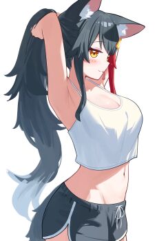 1girl absurdres alternate_costume animal_ears armpits arms_up black_hair black_shorts breasts cleavage deaver highres hololive large_breasts long_hair looking_at_viewer multicolored_hair navel ookami_mio ponytail red_hair shorts solo streaked_hair very_long_hair virtual_youtuber wolf_ears wolf_girl yellow_eyes