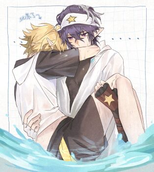 Rule 34 | ..., 2boys, ahoge, aotu world, arrow (symbol), asymmetrical gloves, bandana, bishounen, black gloves, black hair, black shirt, black shorts, blonde hair, brown gloves, carrying, chinese commentary, chinese text, fingerless gloves, gloves, hair between eyes, headband, hood, hood down, hoodie, hug, inset border, jacket, king (aotu world), male focus, multicolored gloves, multicolored hoodie, multiple boys, pointy ears, princess carry, print gloves, print headband, purple eyes, purple hair, ray (aotu world), shangwomifou, shirt, short hair, short sleeves, shorts, star (symbol), star print, wading, water, wet, wet clothes, wet hair, white gloves, white headband, white hoodie, white jacket, white shirt, yaoi