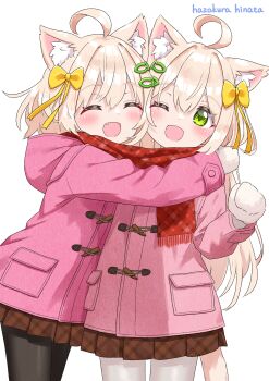 Rule 34 | ^ ^, ahoge, animal ear fluff, animal ears, artist name, blonde hair, bow, brother and sister, brown skirt, cat ears, cat girl, cat tail, closed eyes, coat, commentary request, fish hair ornament, green eyes, hair bow, hair ornament, hazakura hinata, highres, hood, hug, one eye closed, open mouth, original, pantyhose, pink coat, plaid clothes, plaid skirt, pleated skirt, red scarf, scarf, siblings, simple background, skirt, smile, tail, twins, white background, white pantyhose, yellow bow