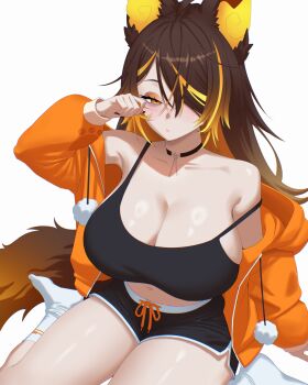 1girl absurdres alternate_costume animal_ear_fluff animal_ears bags_under_eyes bare_shoulders black_choker black_nails black_shorts black_tank_top breasts brown_fur brown_hair choker cleavage crop_top dolphin_shorts eyeshadow hair_between_eyes hair_over_one_eye highres hood hood_down hooded_jacket huge_breasts indie_virtual_youtuber jacket large_breasts long_hair makeup micro_shorts midriff multicolored_hair navel off_shoulder open_clothes open_jacket orange_eyes orange_hair orange_jacket shorts sinder_(vtuber) sinder_(vtuber)_(pyro_pajamas) sitting socks solo streaked_hair tail tank_top thick_thighs thighs toomy_woomy virtual_youtuber waking_up wariza white_background white_socks wolf_ears wolf_girl wolf_tail