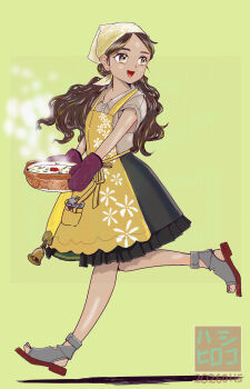 1girl absurdres apron bandana black_skirt blonde_streaks bowl brown_shirt commentary_request cooking_pot dark-skinned_female dark_skin elephant green_bandana hashi_hiroko highres holding holding_cooking_pot kantai_collection looking_back nanakusa-no-sekku open-toe_shoes oven_mitts sash shirt skirt thonburi_(kancolle) thonburi_(nanakusagayu)_(kancolle) wavy_mouth yellow_apron